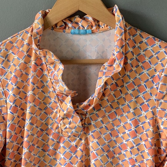 J. McLaughlin Ruffle Durham Catalina Cloth Print 3/4 Sleeve Orange - Picture 3 of 10